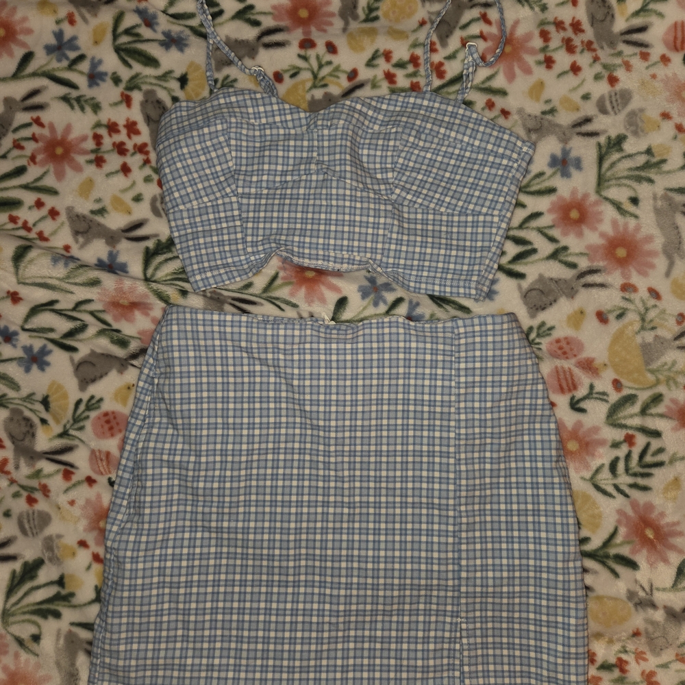 Stylish Blue And White Gingham Two Piece Set NWOT
